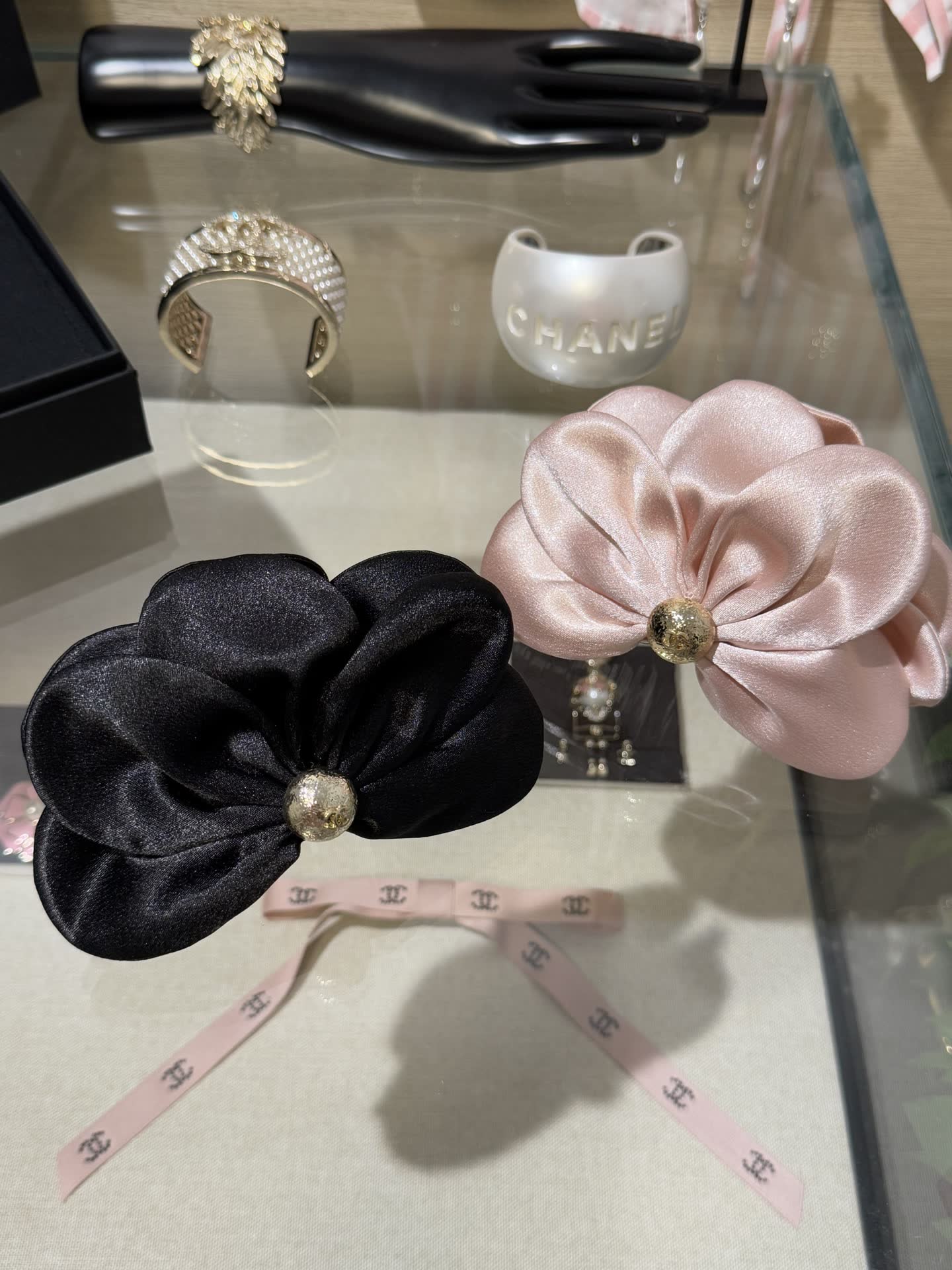 Chanel Elegant Satin Flower Hair Clip with Pearl Accents